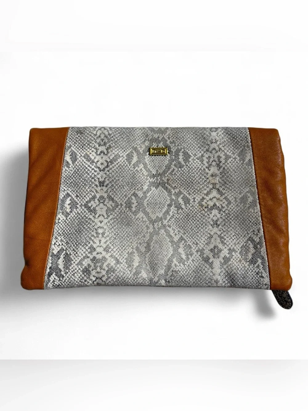 Y2K vintage Be & D leather and canvas snake print fold over clutch bag